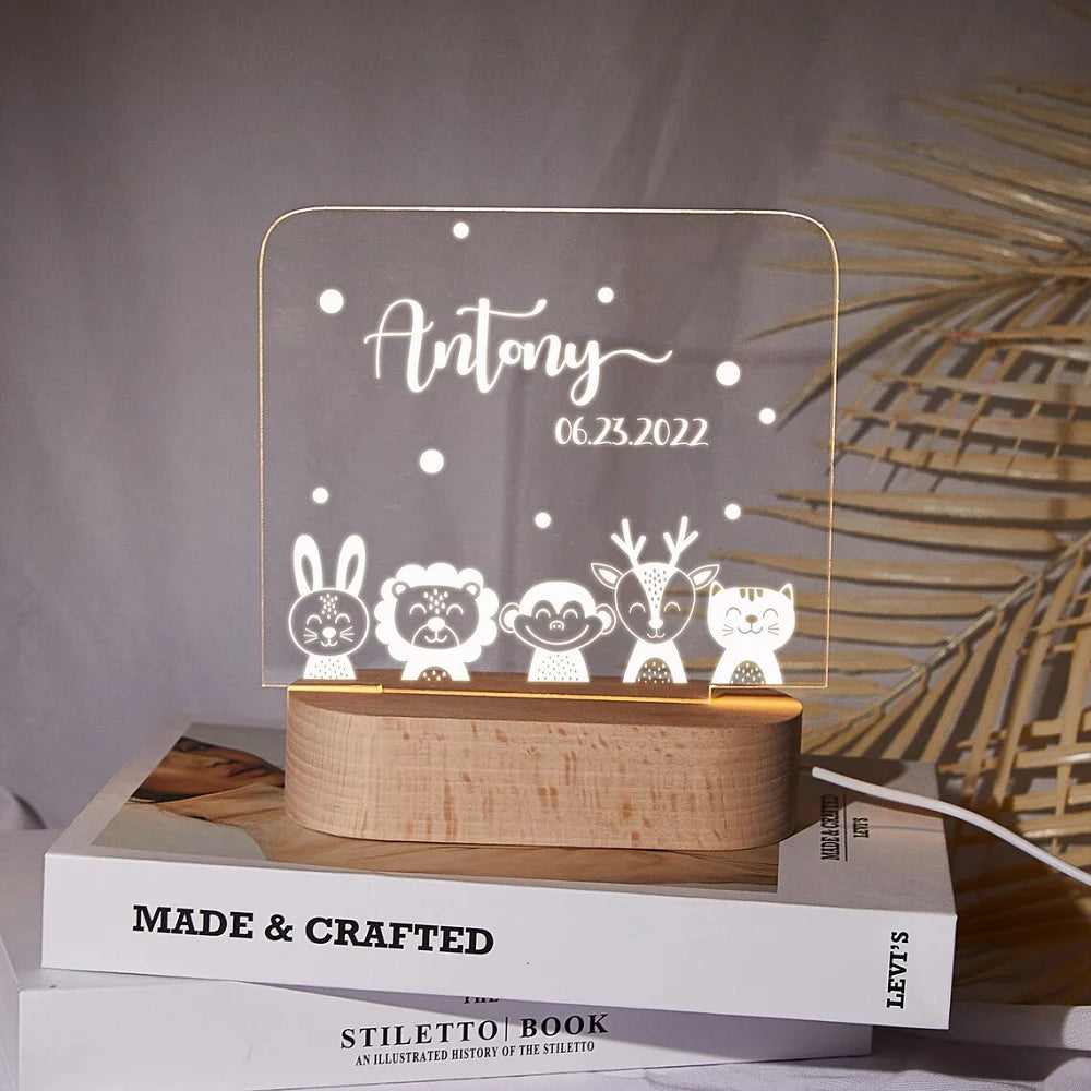Veilleuse personnalisée pour bébé avec Base en bois, cadeau pour bébé