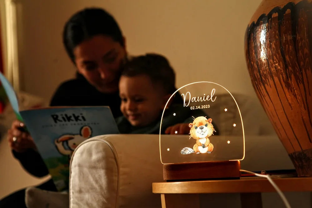 Veilleuse personnalisée pour bébé avec Base en bois, cadeau pour bébé
