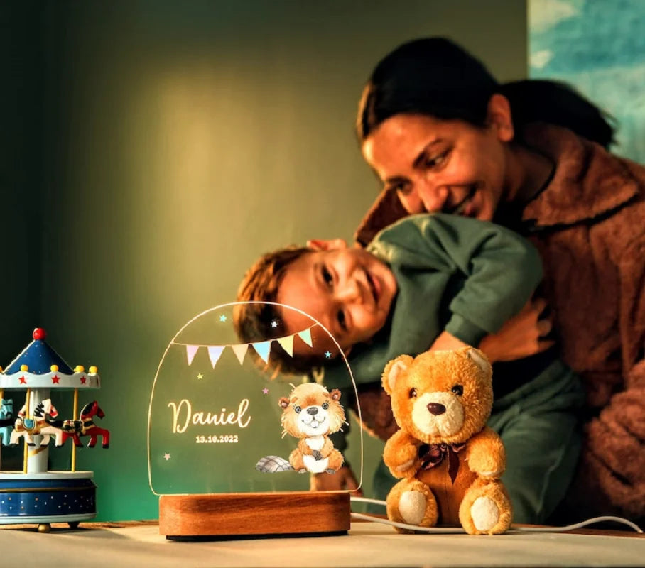 Veilleuse personnalisée pour bébé avec Base en bois, cadeau pour bébé