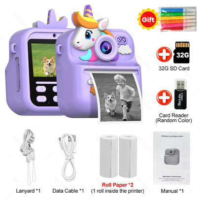 Appareil Photo Instantané Enfants | Impression Directe & Photos à Colorier HD 1080P avec carte 32SD