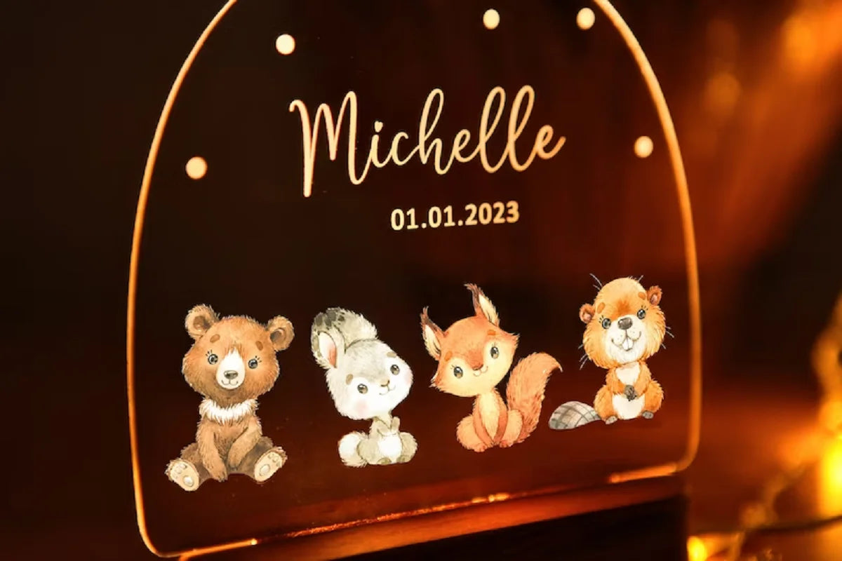 Veilleuse personnalisée pour bébé avec Base en bois, cadeau pour bébé