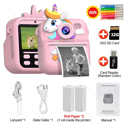 Appareil Photo Instantané Enfants | Impression Directe & Photos à Colorier HD 1080P avec carte 32SD