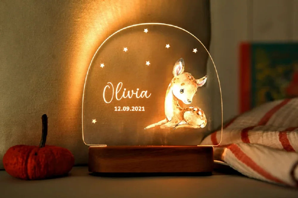 Veilleuse personnalisée pour bébé avec Base en bois, cadeau pour bébé