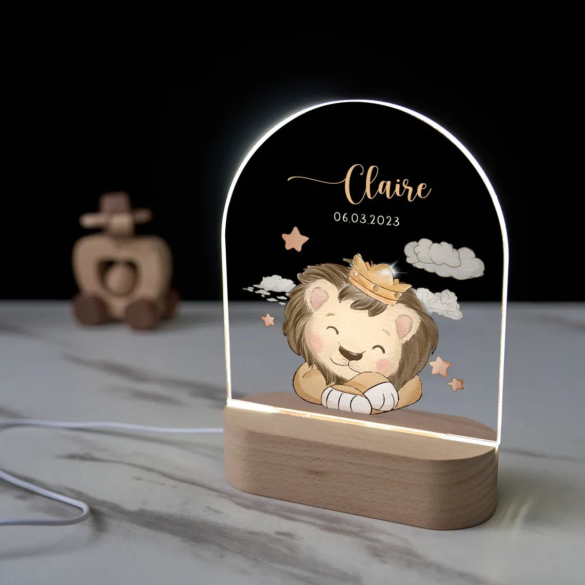 Veilleuse personnalisée pour bébé avec Base en bois, cadeau pour bébé