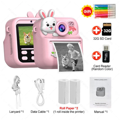 Appareil Photo Instantané Enfants | Impression Directe & Photos à Colorier HD 1080P avec carte 32SD